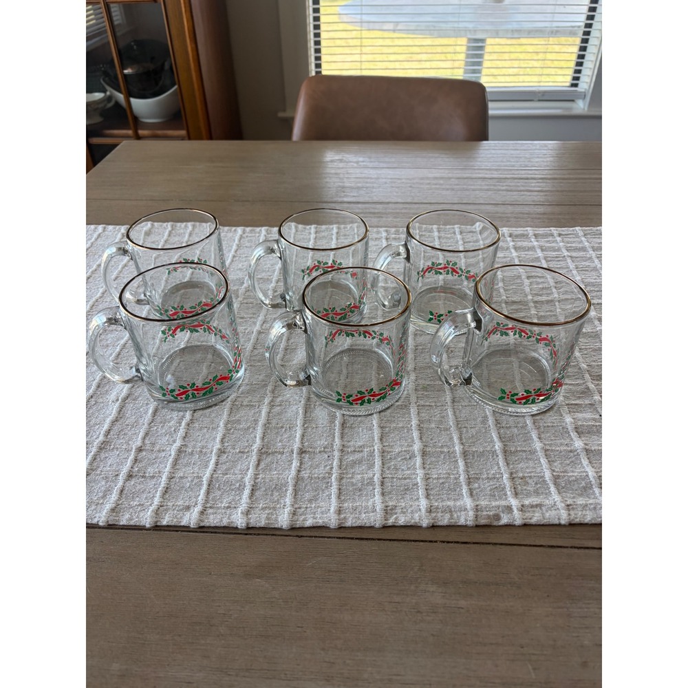 Set of 6 vintage Libbey coffee mugs holiday holly berry ribbon made in USA